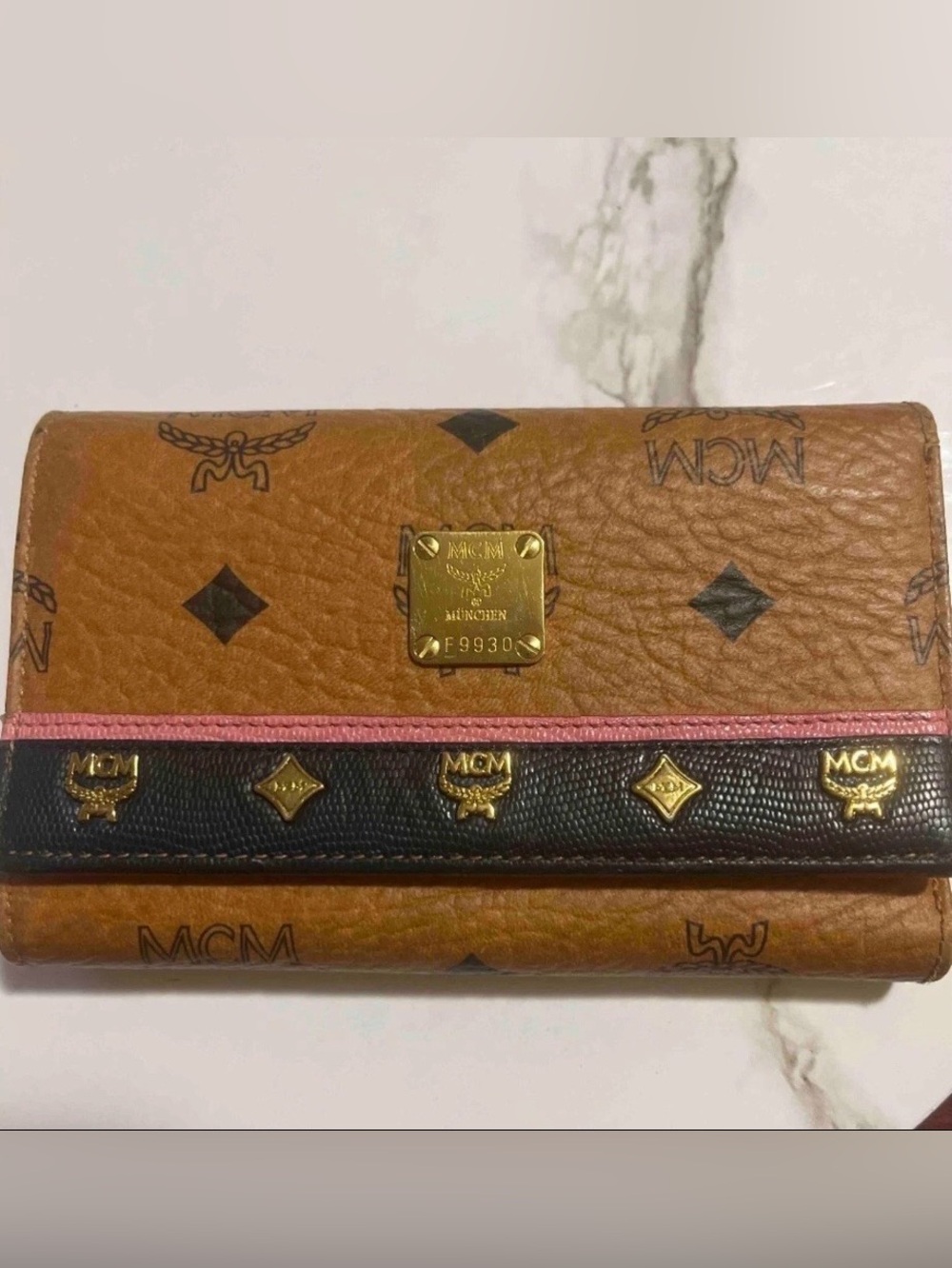 MCM Visetos Monogram Trifold Wallet - Cognac & Pink Trim, Authenticated